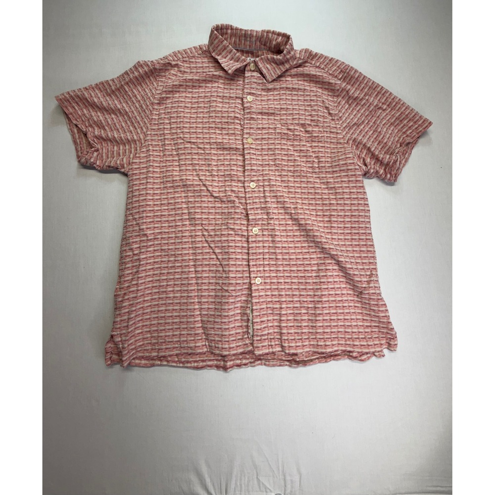 Tommy Bahama Men's 100% Silk Short Sleeve Button Up‎ Shirt Coral Stripe Pattern